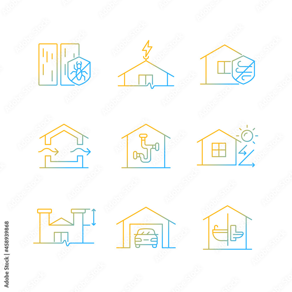 Home building standards gradient linear vector icons set. Pest management. Lightning rod. Weather resistance. Ventilation. Thin line contour symbols bundle. Isolated outline illustrations collection