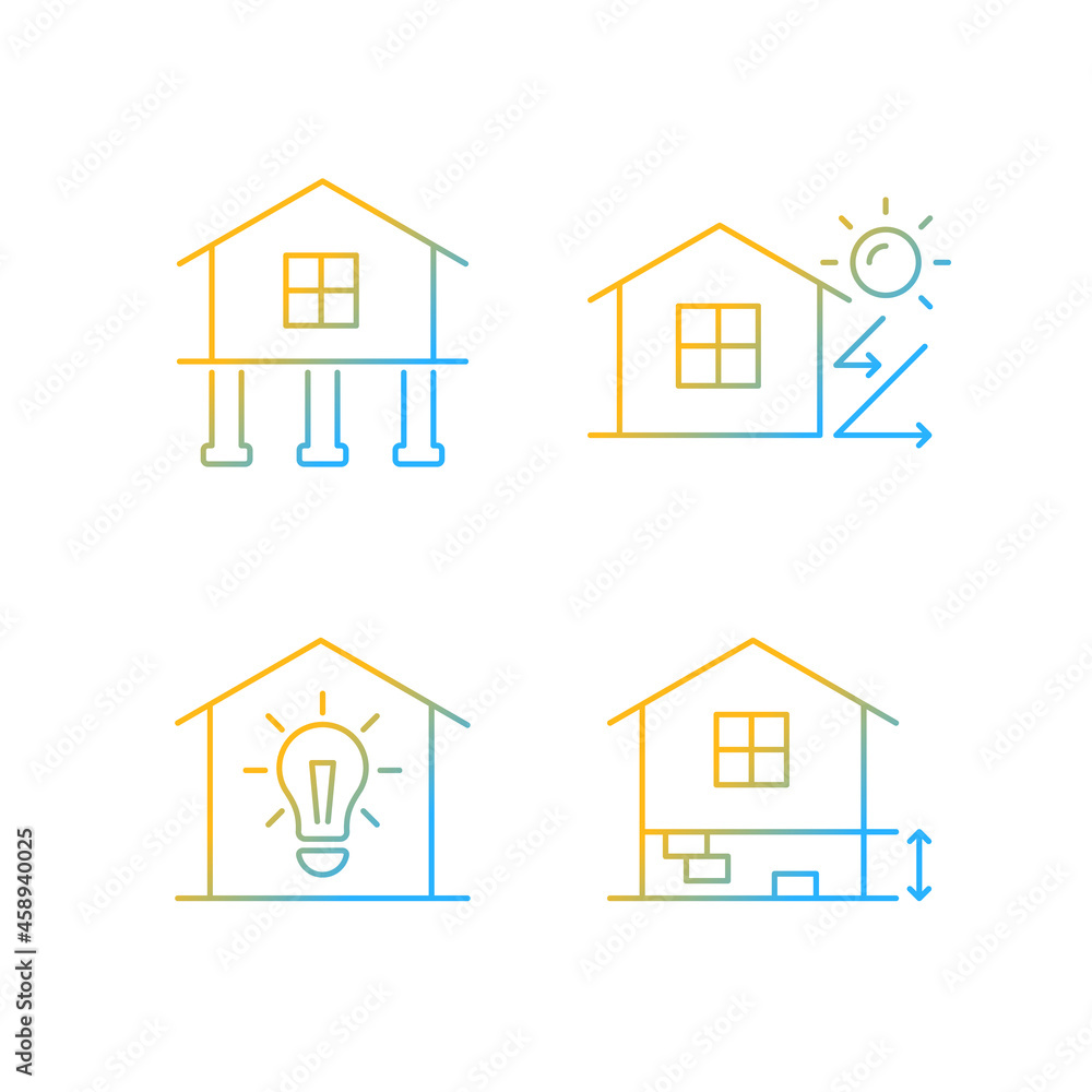 Residential building gradient linear vector icons set. Pile foundation. Thermal insulation. Electricity supply to home. Thin line contour symbols bundle. Isolated outline illustrations collection