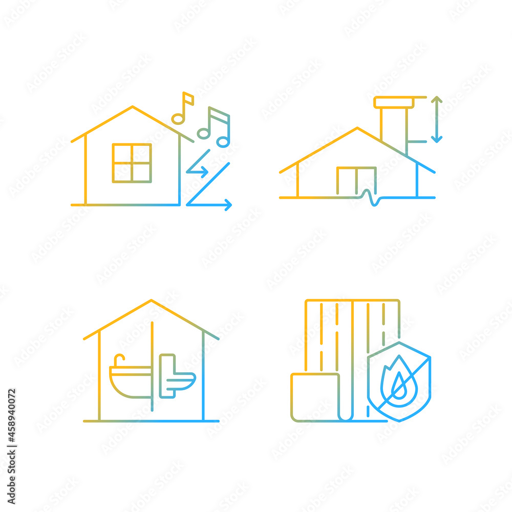 Home construction safety gradient linear vector icons set. Sound insulation. Minimum chimney height. Resistance to fire. Thin line contour symbols bundle. Isolated outline illustrations collection