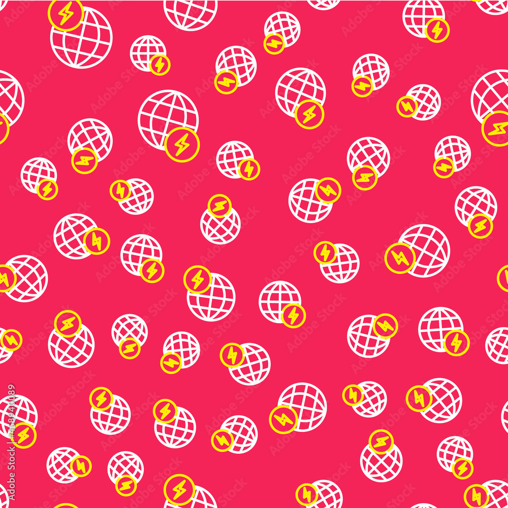 Line Global energy power planet with flash thunderbolt icon isolated seamless pattern on red background. Ecology concept and environmental. Vector Line Global energy power planet with flash thunderbolt icon isolated seamless pattern on red background. Ecology concept and environmental. Vector