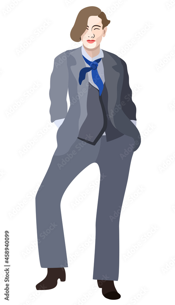 Illustration of a woman with short haircut in a men's suit with a blue scarf around her neck. Illustration of a woman with short haircut in a men's suit with a blue scarf around her neck.