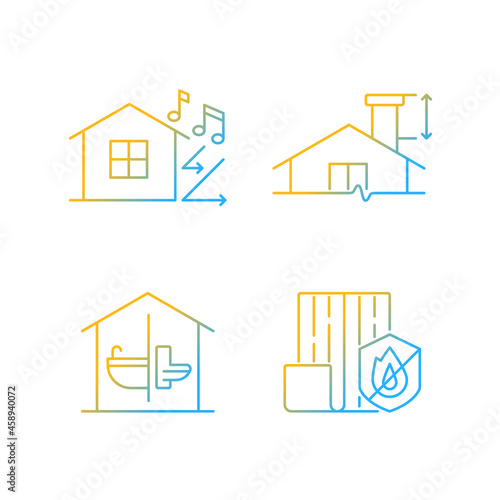 Home construction safety gradient linear vector icons set. Sound insulation. Minimum chimney height. Resistance to fire. Thin line contour symbols bundle. Isolated outline illustrations collection