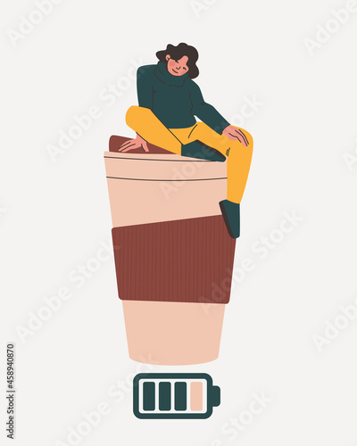 Woman is sitting on big glass of coffee. Battery charge icon as a symbol of energy drink.