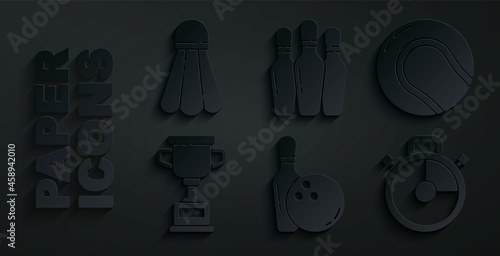 Set Bowling pin and ball, Baseball, Award cup, Stopwatch, and Badminton shuttlecock icon. Vector