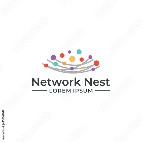 network nest logo design vector, line, connect, data.
