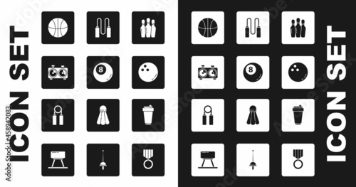 Set Bowling pin, Billiard pool snooker ball, Time chess clock, Basketball, Jump rope, Fitness shaker and Sport expander icon. Vector