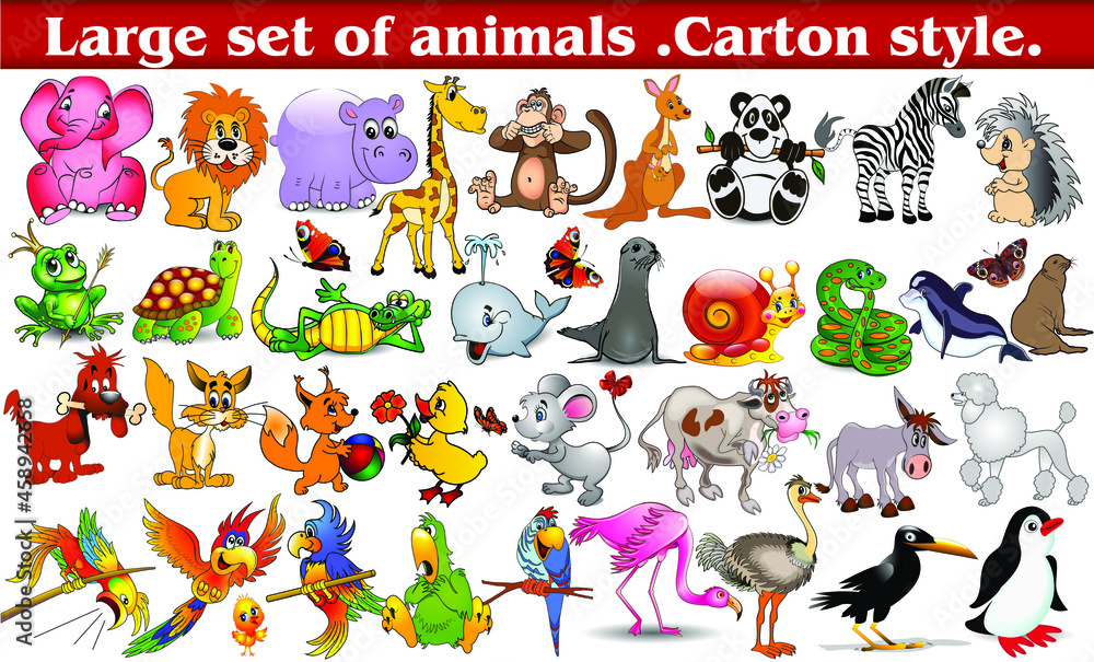 Illustration set of cartoon animals with crocodile, turtle, snake, sea lion, hippo, whale, frog and monkey, insulated on white.