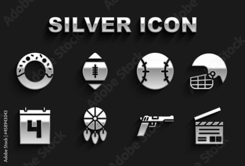 Set Dream catcher with feathers, American football helmet, Movie clapper, Pistol or gun, Calendar date July 4, Baseball, Donut and Football icon. Vector