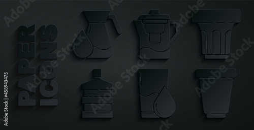 Set Glass with water, Big bottle clean, Water filter cartridge, jug and Jug glass icon. Vector