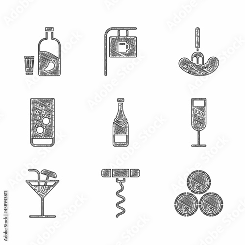 Set Champagne bottle, Wine corkscrew, Wooden barrels, Glass of champagne, Cocktail, Effervescent tablets water, Pickled cucumber on fork and Vodka with pepper and glass icon. Vector