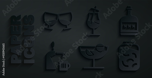 Set Cocktail, Alcohol drink Rum bottle, Beer tap with glass, Pickled cucumbers jar, and Glass of cognac or brandy icon. Vector