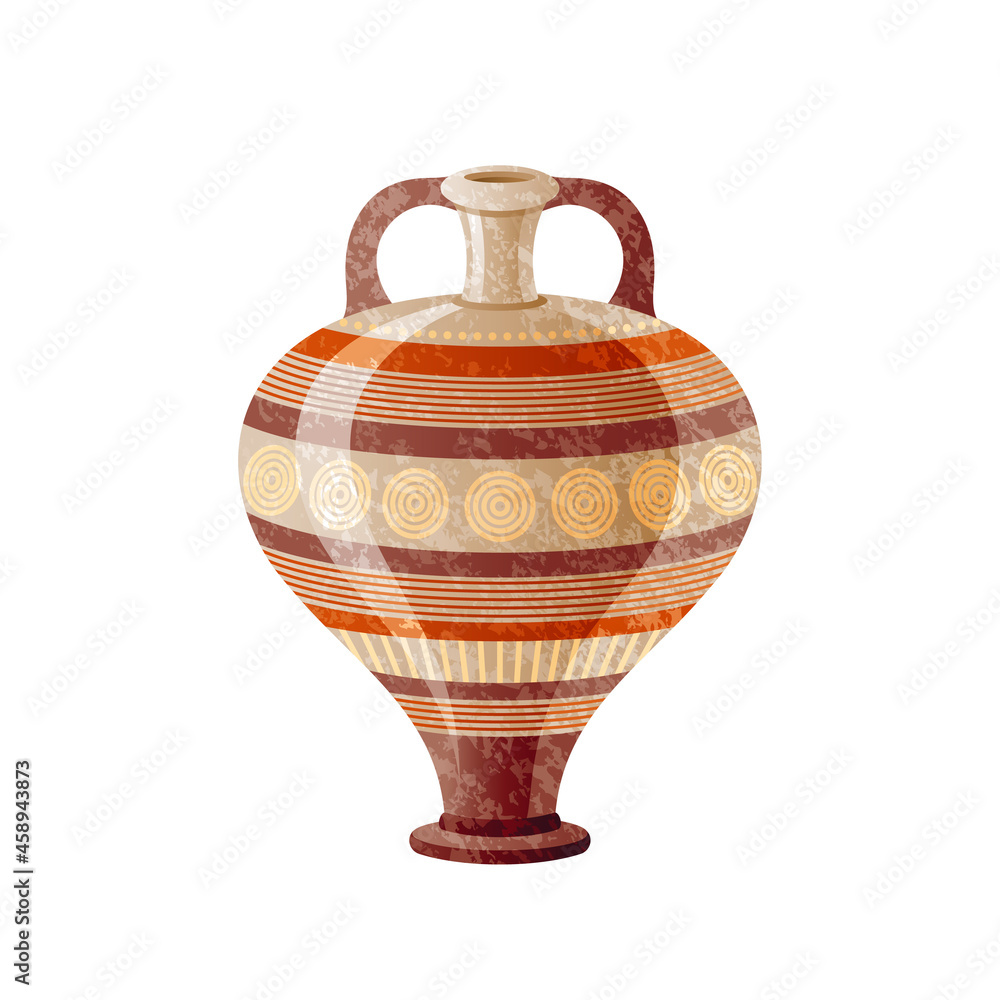 Ancient Greek vase. Pottery vector. Antique jug from Greece. Old clay amphora, pot, urn or jar for wine and olive oil. Vintage ceramic icon isolated. Flat cartoon art with ornament decoration