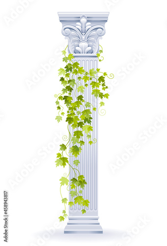 Vector ivy column. Greek marble architecture pillar with green ivy leaf. Illustration with vine plant climbing on antique column. Ancient roman or greek design decoration in watercolor style isolated