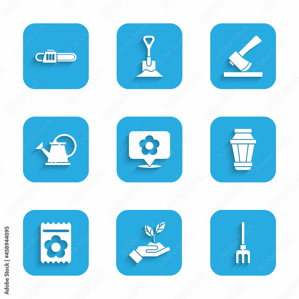 Set Location with flower, Plant in hand of environmental, Garden rake, light lamp, Pack full seeds plant, Watering can, Wooden axe and Chainsaw icon. Vector Set Location with flower, Plant in hand of environmental, Garden rake, light lamp, Pack full seeds plant, Watering can, Wooden axe and Chainsaw icon. Vector