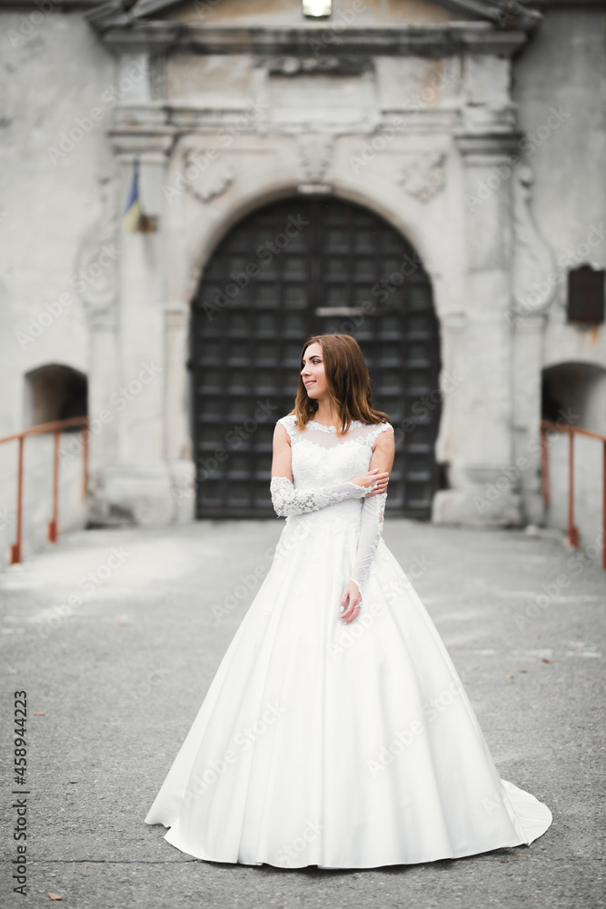 Beauty portrait of bride wearing fashion wedding dress with feathers with luxury delight make-up and hairstyle