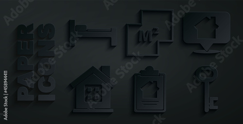 Set House contract, Location with house, key, plan and Bed icon. Vector