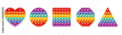 Fidget toy set. Popit sensory vector toy. Rainbow square popular pop it. 3d realistic antistress fidgeting toy. Bubble popit fidget vector. Heart, circle, square, hexagon honeycomb, triangle icon set