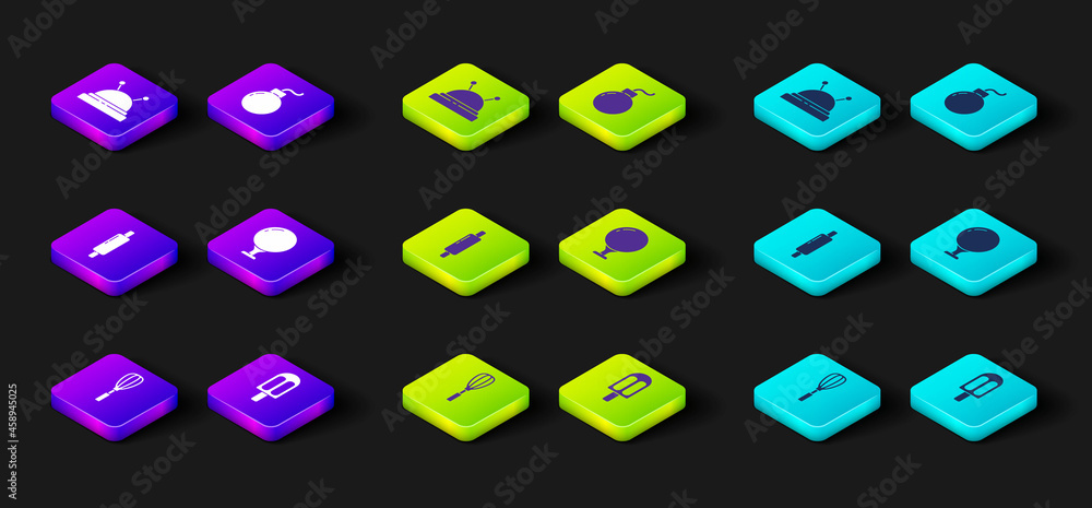 Set Kitchen whisk, Ice cream, Rolling pin, Golf ball on tee, Bomb ready to explode and Needle bed and needles icon. Vector Set Kitchen whisk, Ice cream, Rolling pin, Golf ball on tee, Bomb ready to explode and Needle bed and needles icon. Vector