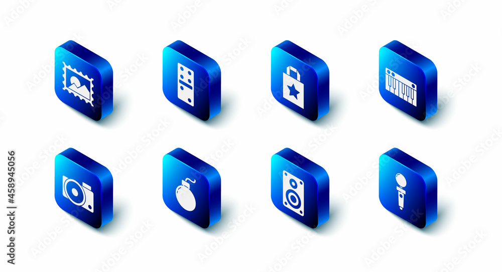 Set Domino, Paper shopping bag, Music synthesizer, Joystick for arcade machine, Stereo speaker, Bomb ready to explode, Photo camera and Postal stamp icon. Vector Set Domino, Paper shopping bag, Music synthesizer, Joystick for arcade machine, Stereo speaker, Bomb ready to explode, Photo camera and Postal stamp icon. Vector
