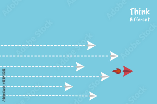 Success business concept vector illustration. The red paper plane Lead a fleet of white planes.