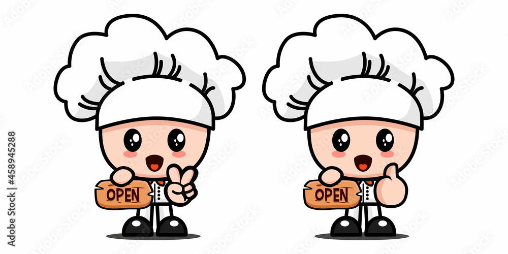 Adorable chef holding open sign - Cute Adorable Doodle Illustration Adorable chef holding open sign - Cute Adorable Doodle Illustration