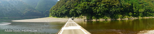 Panoramic view of Shimanto River Valley and Iwama Sinking bridge in Kochi, Shikoku, Japan - 日本 四国 高知 四万十川 岩間沈下橋 パノラマ	 photo