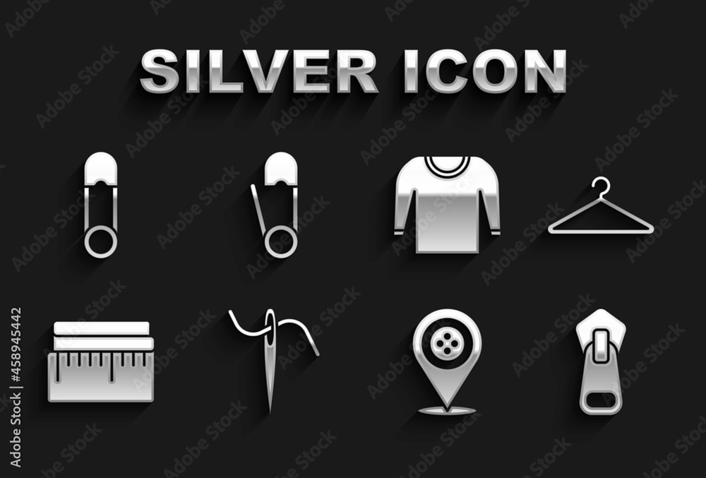 Set Needle for sewing with thread, Hanger wardrobe, Zipper, Location tailor shop, Tape measure, Sweater, Safety pin and icon. Vector Set Needle for sewing with thread, Hanger wardrobe, Zipper, Location tailor shop, Tape measure, Sweater, Safety pin and icon. Vector