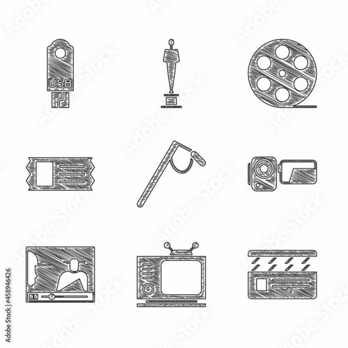 Set Microphone, Retro tv, Movie clapper, Cinema camera, Online play video, ticket, Film reel and USB flash drive icon. Vector