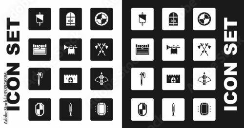 Set Round wooden shield, Trumpet with flag, Antique treasure chest, Medieval, Crossed medieval axes, castle gate, Battle crossbow arrow and icon. Vector