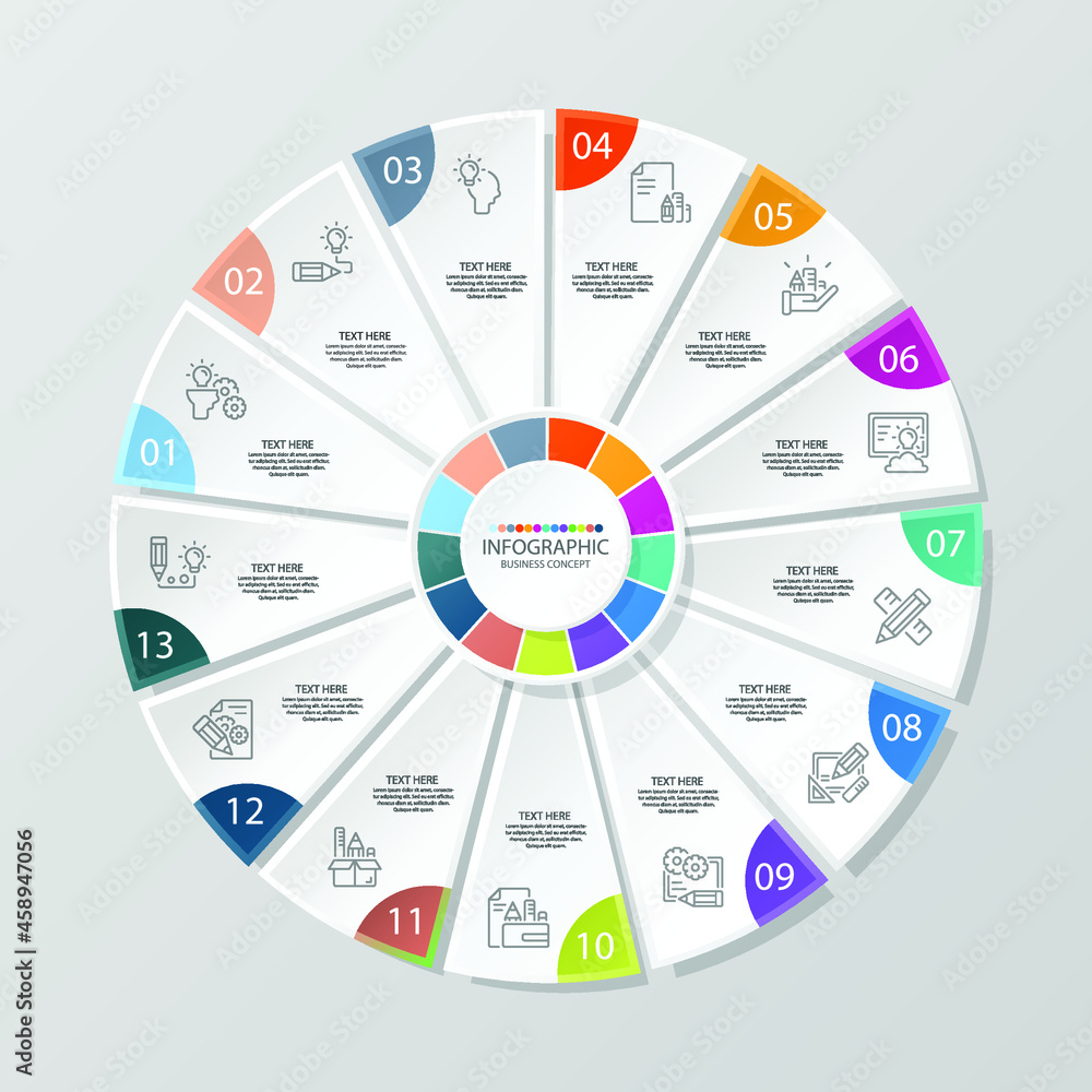 Basic circle infographic template with 13 steps, process or options, process chart, Used for process diagram, presentations, workflow layout, flow chart, infograph. Vector eps10 illustration. Basic circle infographic template with 13 steps, process or options, process chart, Used for process diagram, presentations, workflow layout, flow chart, infograph. Vector eps10 illustration.