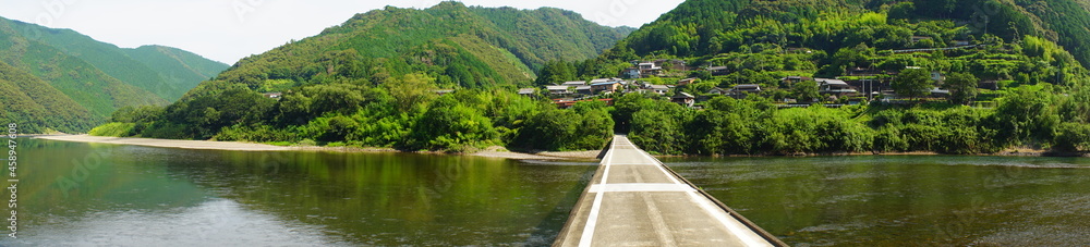 Panoramic view of Shimanto River Valley and Iwama Sinking bridge in Kochi, Shikoku, Japan - 日本 四国 高知 四万十川 岩間沈下橋 パノラマ Panoramic view of Shimanto River Valley and Iwama Sinking bridge in Kochi, Shikoku, Japan - 日本 四国 高知 四万十川 岩間沈下橋 パノラマ