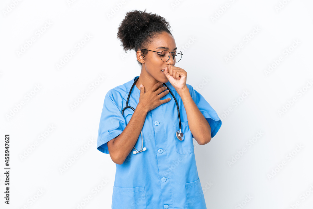 Young surgeon African American doctor woman isolated on white background is suffering with cough and feeling bad Young surgeon African American doctor woman isolated on white background is suffering with cough and feeling bad