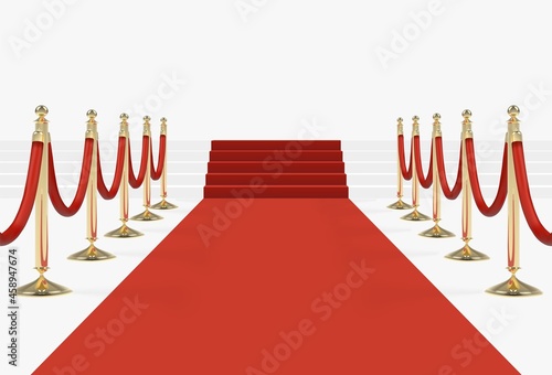 Red carpet on stairs with red ropes on golden stanchions