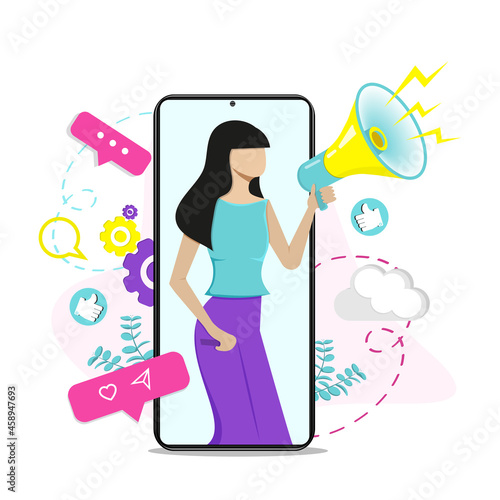 Woman shouting in loud speaker . Social media marketing concept and blogger influencer vector illustration. Flat vector illustration.