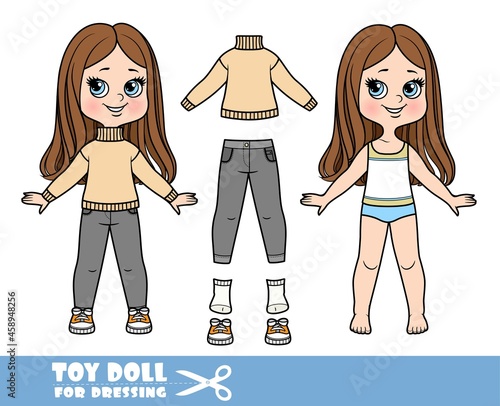 Cartoon girl with straight hair dressed and clothes separately - beige warm sweater, jeans and sneakers doll for dressing