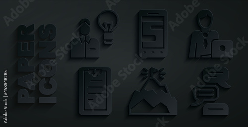 Set Mountains with flag, Businessman, Clipboard checklist, Speech bubble chat, Chat messages on phone and Human lamp bulb icon. Vector