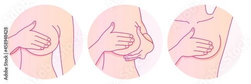 Part of female torso, woman doing self check of breasts and feeling pain. Self-examination. Breast pain illustration set. Tumour or cancer signs.  National breast cancer awareness month