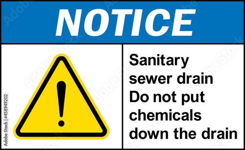 Sanitary sewer drain. Do not put chemicals down the drain notice sign. Construction safety signs and symbols.