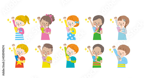 スマホの画面を見ながらガッツポーズする世界の子供達のイラスト