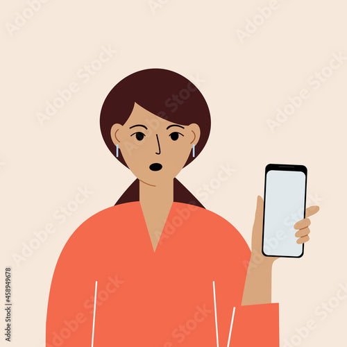 Shocked woman with mobile phone, front view. Taking pictures, reading, chatting. Smartphone and internet addiction.
