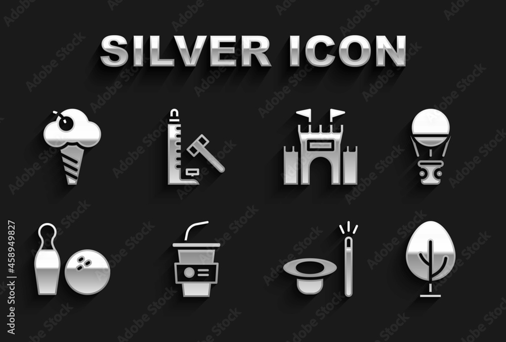 Set Paper glass with water, Hot air balloon, Tree, Magic hat and wand, Bowling pin, Castle, Ice cream waffle cone and Striker attraction hammer icon. Vector Set Paper glass with water, Hot air balloon, Tree, Magic hat and wand, Bowling pin, Castle, Ice cream waffle cone and Striker attraction hammer icon. Vector