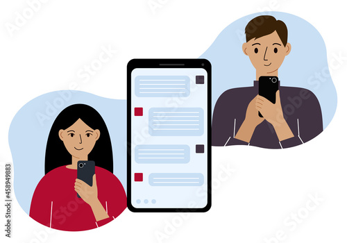 Online communication concept. Online correspondence of people in messages. A man and a woman correspond by phone.