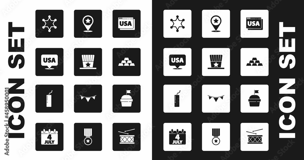Set USA on browser, Patriotic American top hat, Independence day, Hexagram sheriff, Gold bars, Cake and Dynamite bomb icon. Vector Set USA on browser, Patriotic American top hat, Independence day, Hexagram sheriff, Gold bars, Cake and Dynamite bomb icon. Vector