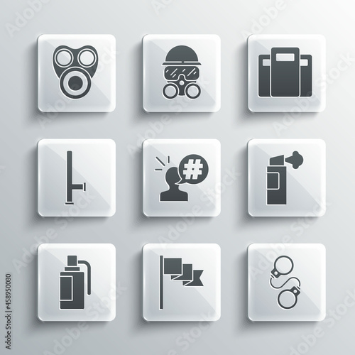 Set Location marker, Handcuffs, Pepper spray, Protest, grenade, Police rubber baton, Gas mask and assault shield icon. Vector