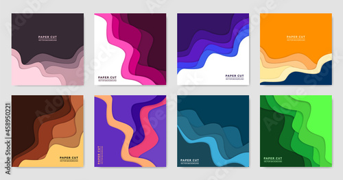 Set of template in paper cut colorful style design for social media post, advertising, branding. Modern colorful paper cut backgrounds collection for posters, flyers, covers, banners, placards.