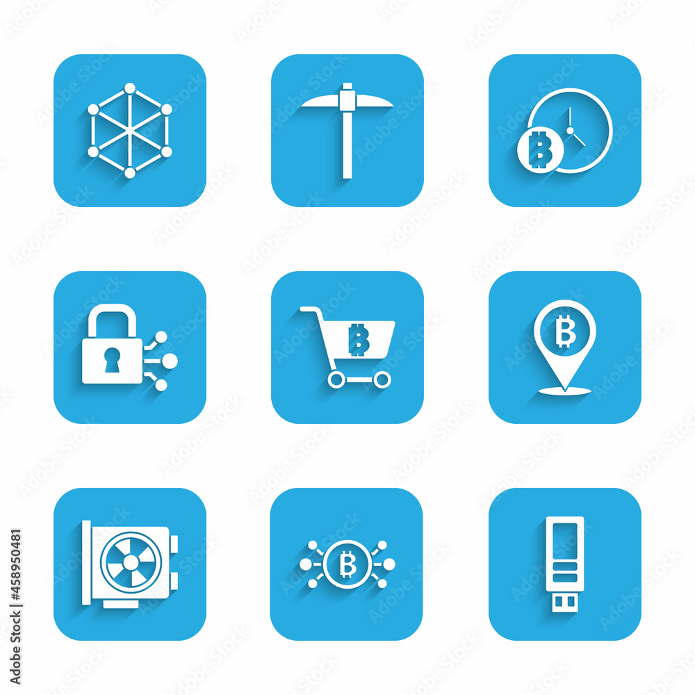 Set Shopping cart with bitcoin, Bitcoin circuit, USB flash drive, Video graphic card, Lock, clock and Blockchain technology icon. Vector Set Shopping cart with bitcoin, Bitcoin circuit, USB flash drive, Video graphic card, Lock, clock and Blockchain technology icon. Vector
