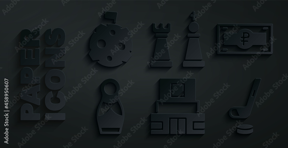 Set Mausoleum of Lenin, Russian ruble banknote, doll matryoshka, Ice hockey stick and puck, Chess and Moon with flag icon. Vector Set Mausoleum of Lenin, Russian ruble banknote, doll matryoshka, Ice hockey stick and puck, Chess and Moon with flag icon. Vector