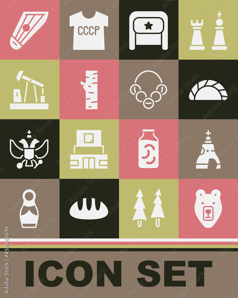Set Bear head, The Tsar bell, Dumpling, Ushanka, Birch tree, Oil pump or pump jack, Kankles and Russian bagels icon. Vector Set Bear head, The Tsar bell, Dumpling, Ushanka, Birch tree, Oil pump or pump jack, Kankles and Russian bagels icon. Vector