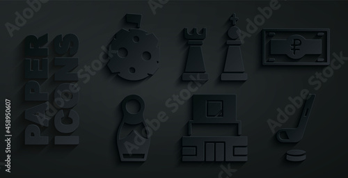 Set Mausoleum of Lenin, Russian ruble banknote, doll matryoshka, Ice hockey stick and puck, Chess and Moon with flag icon. Vector