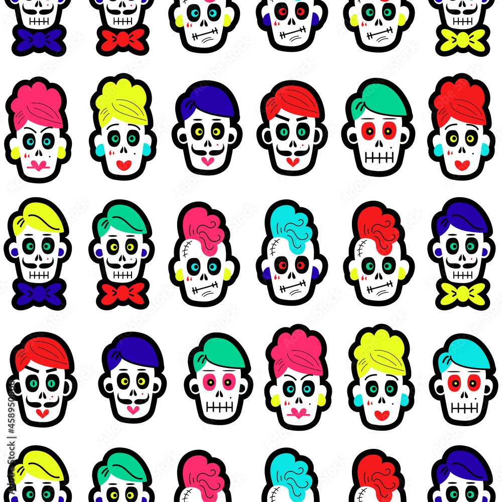 Seamless pattern with bright colorful funny skulls. Background for Halloween and the Day of the Dead. a pattern with sugar skulls. Vector illustration Seamless pattern with bright colorful funny skulls. Background for Halloween and the Day of the Dead. a pattern with sugar skulls. Vector illustration